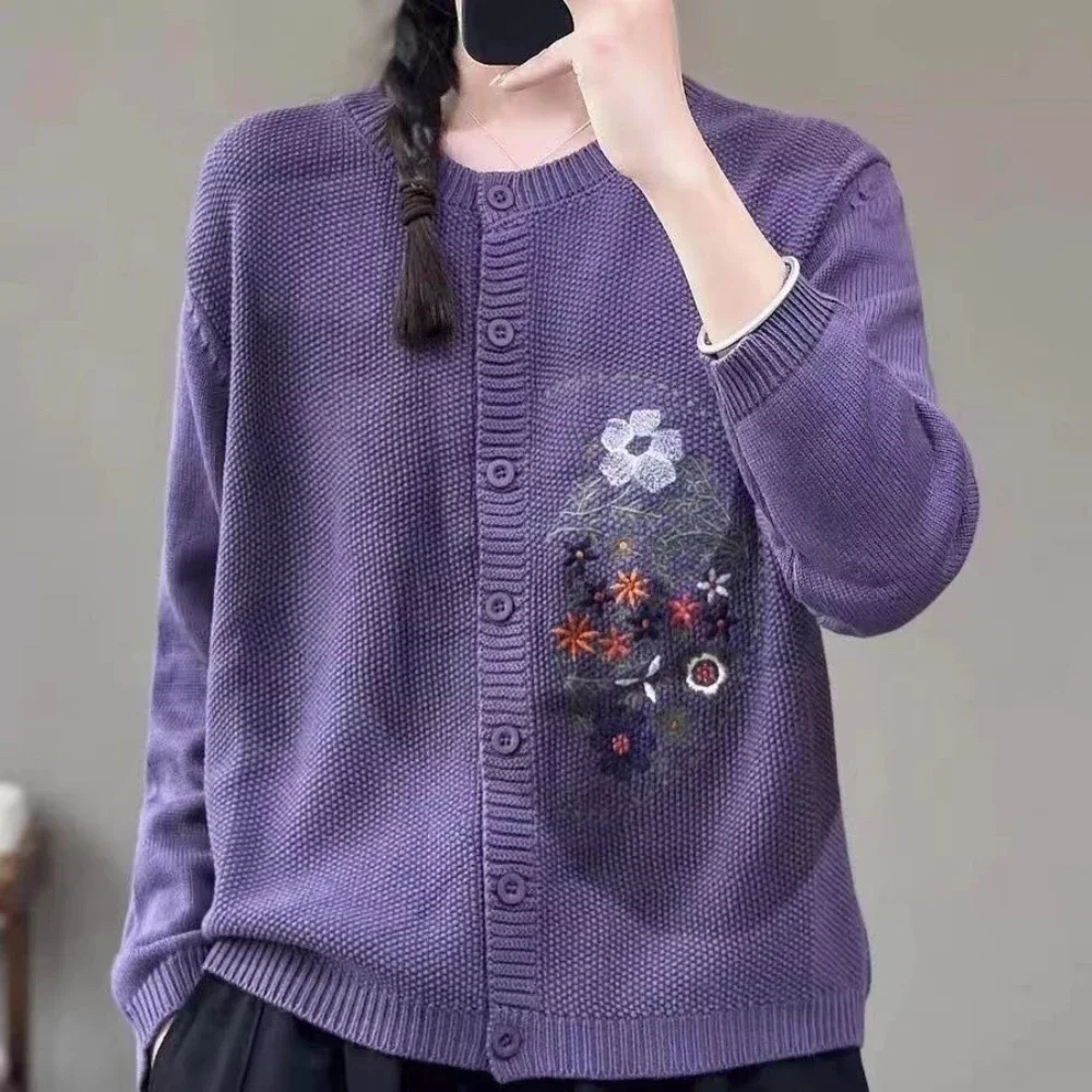 Knitted Top for Women Round O Neck Ladies Sweaters Embroidered Cardigan Purple New Knitwear Tall Tops in Autumn Winter 2024 Cold