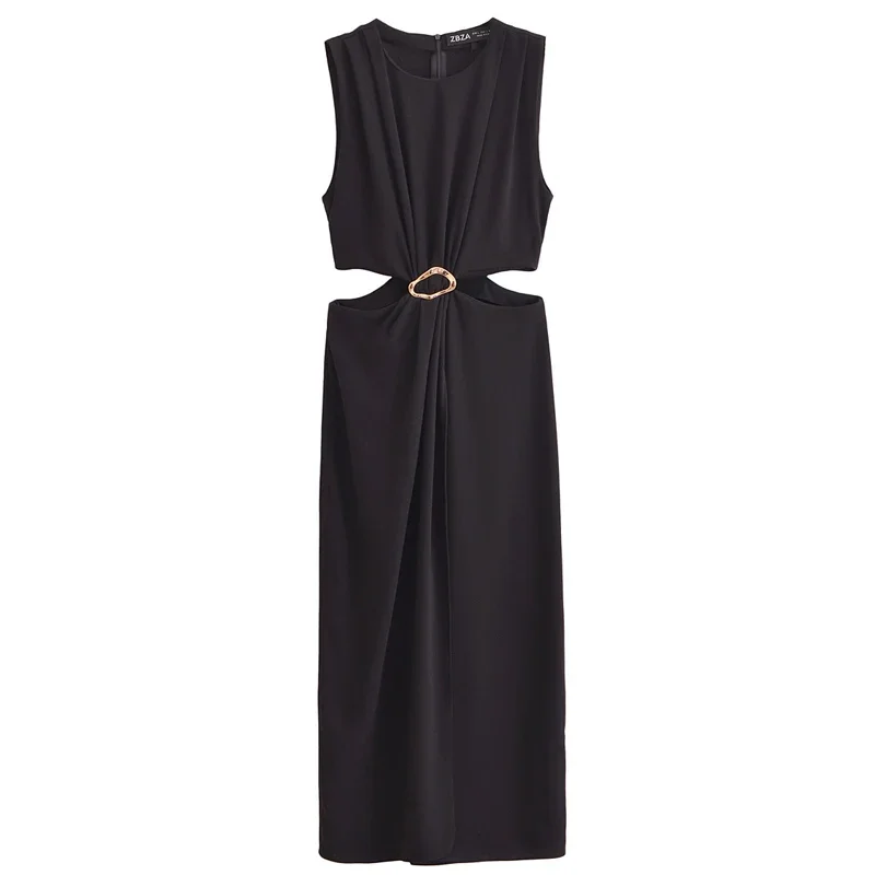 TRAF Women's Dress  Buckles Cut-Out Dresses Elegant Party Dresses Black Green Khaki Dress Midi Sleeveless O-Neck Sexy Vestidos