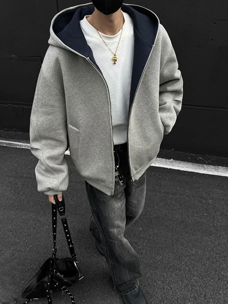 

ey Heavyweight Double Zipper Hoodie Men's Autumn Winter Structured American Sle Cleanfit Open Cardigan Jaet Loose Fit