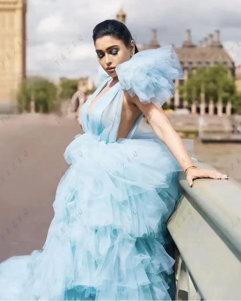Dreamlike céu azul longo tule vestidos femininos para sessões de fotos em camadas extra exuberante vestido de noiva em camadas sem costas maxi vestido