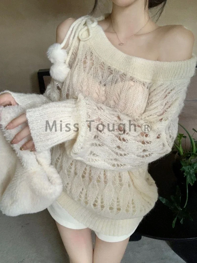 Apricot Soft Sexy Off Shoulder Pullover Women Sweet Long Sleeved Knit Sweater Winter Loose Hollow Out Casual Cover Up Tops 2024