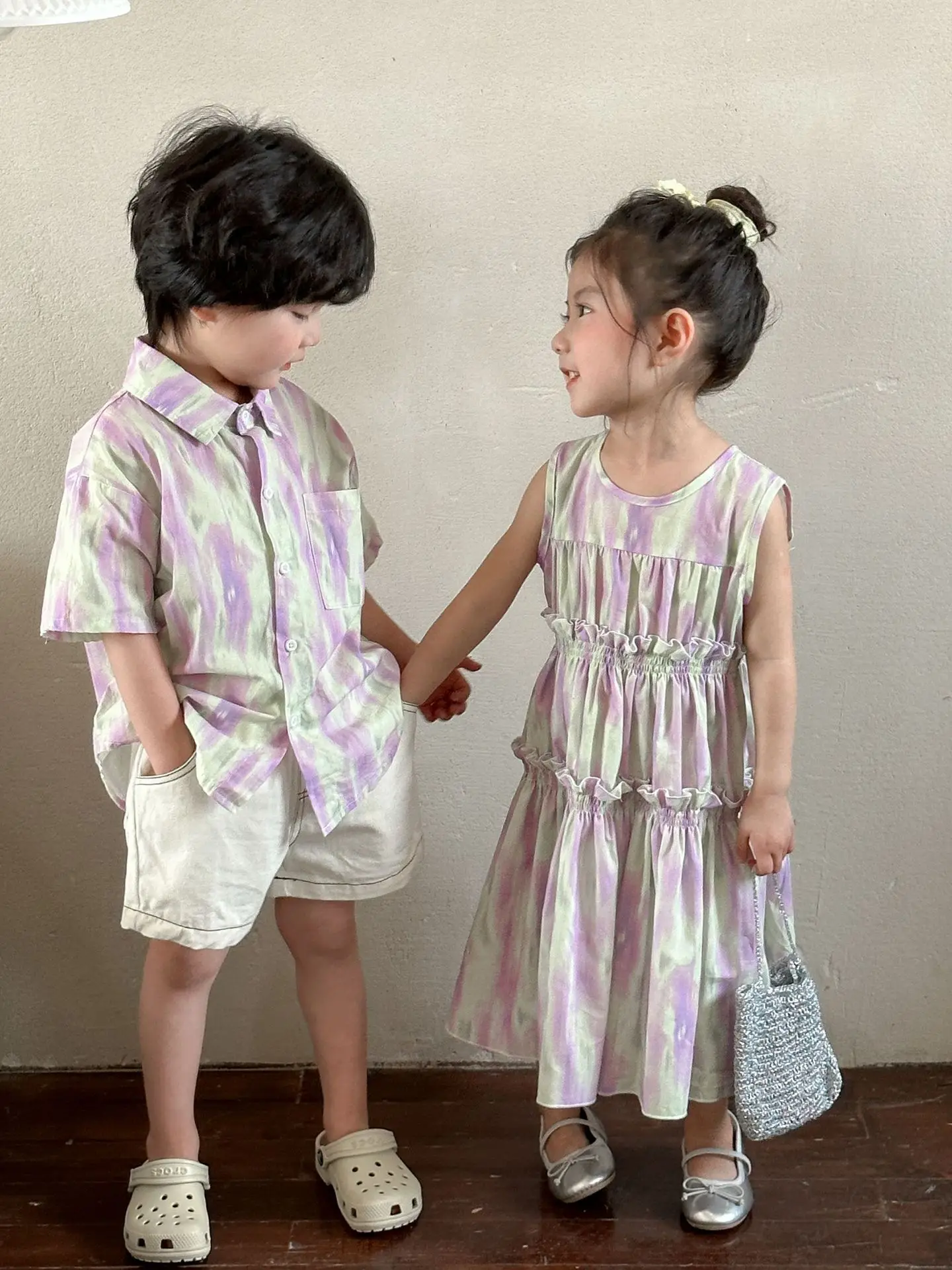 Summer Vacation Style Brother Sister Outfits Kid Boy Thin Cotton Short Sleeve Shirt + Solid Shorts 2pcs Girl Baby Cotton Dress