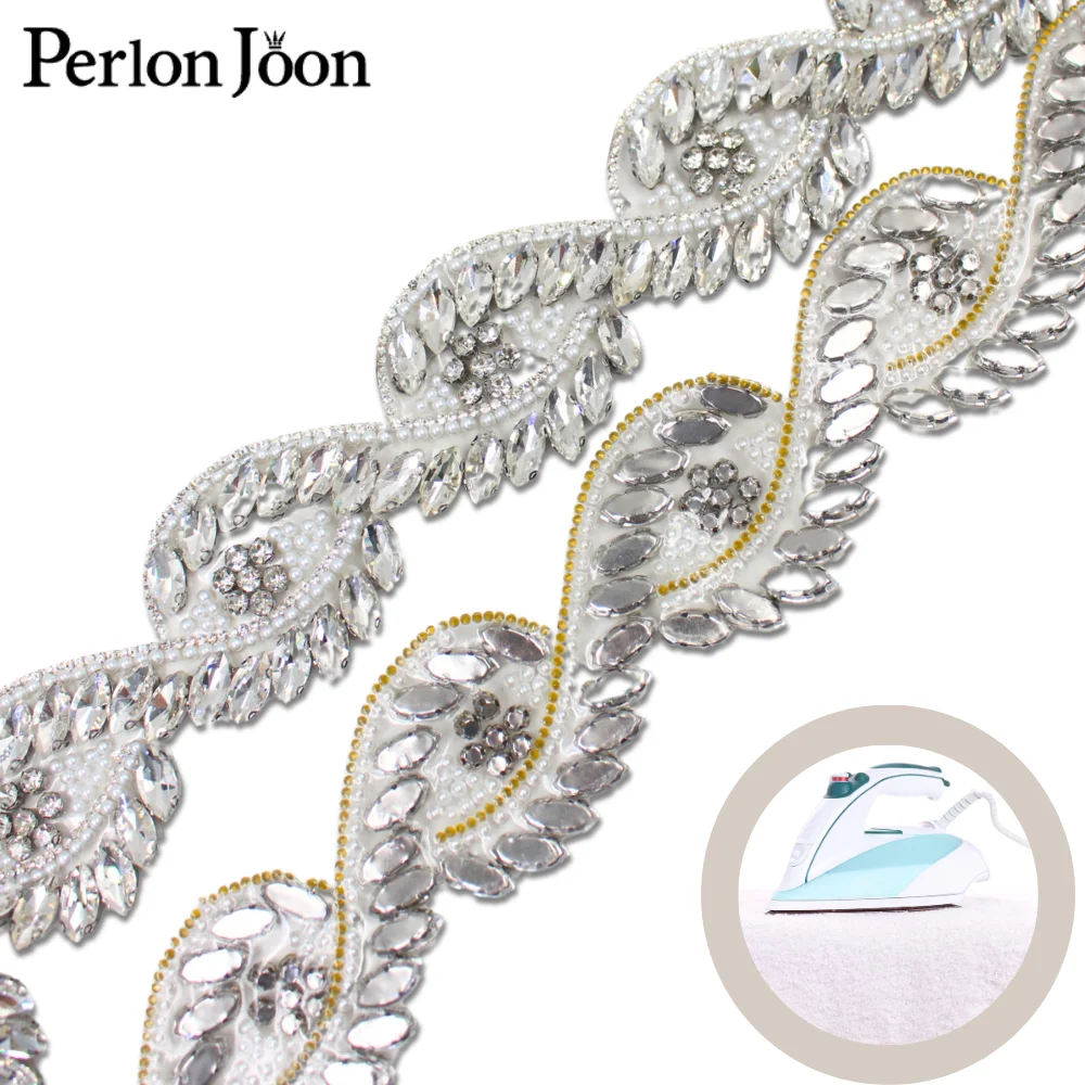 1 Yard Crystal AB Silver Gold Large Rhinestone Leaf shape Applique trim Tape Wedding Dresses Bags Decoration Accessories TR171