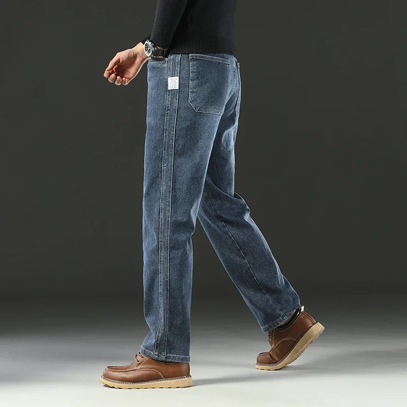 

2025 Spring Splicing Men's Jeans Loose Straight Trousers High Waist Stretch Blended Cotton Washed Denim Pants Brand Clothes