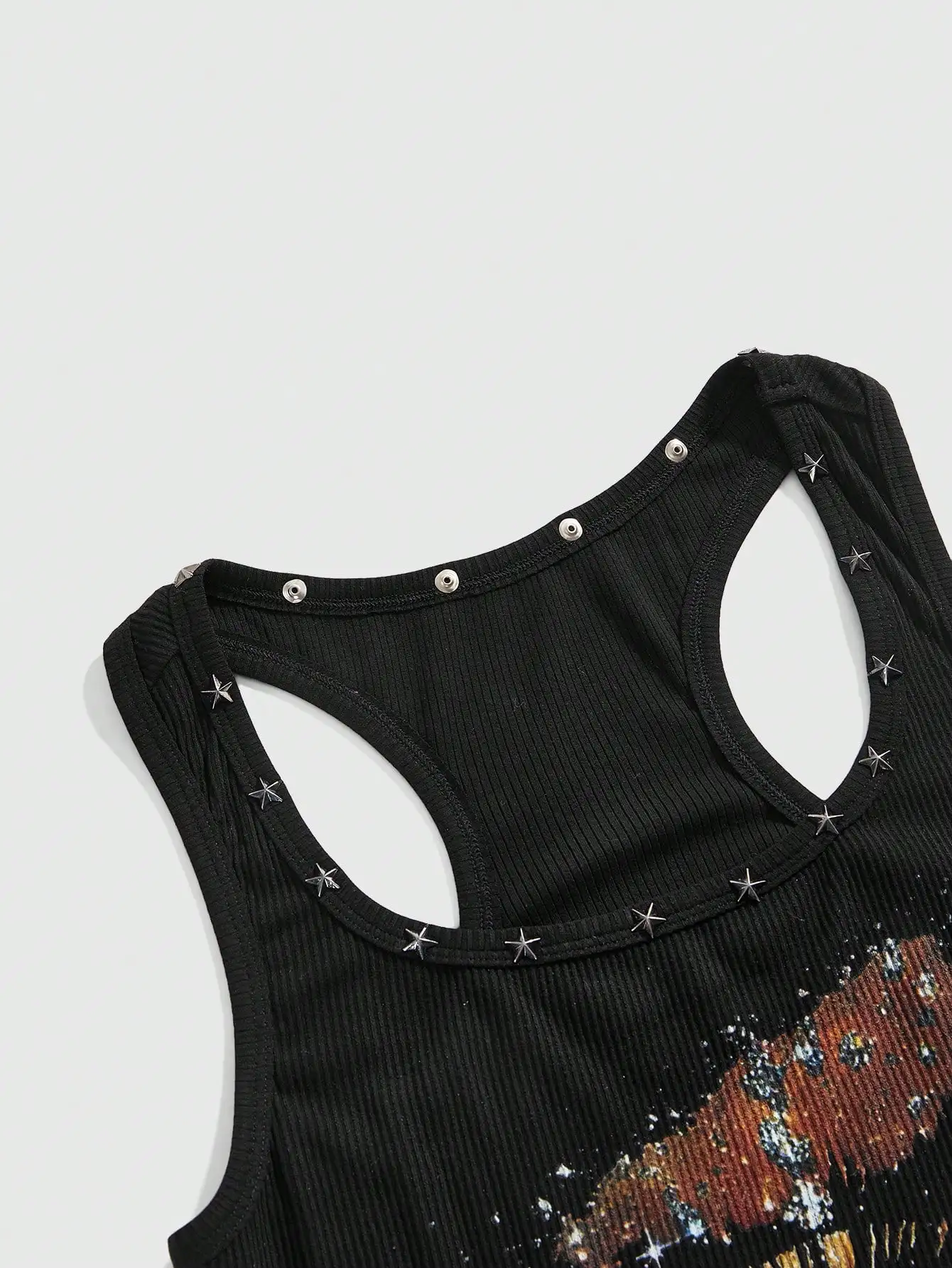 Zwarte geribbelde bodycon tankjurk met kosmische oogprint en stervormige rivets