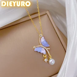 DIEYURO 316L Stainless Steel Purple Butterfly Zircon Pearl Pendant Necklace For Women New Fashion Collarbone Chain Jewelry Gift