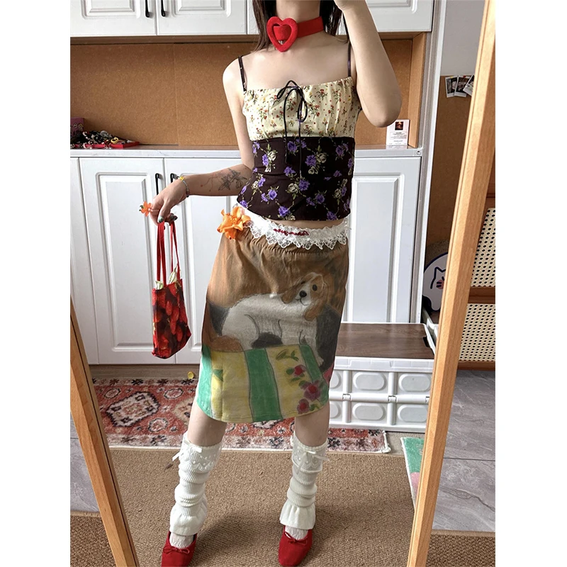 Y2K Cartoon Print Mini Skirt Women Japanese Harajuku Lace Hip Wrap Skirts Summer Vintage Streetwear Grunge Design A Line Faldas
