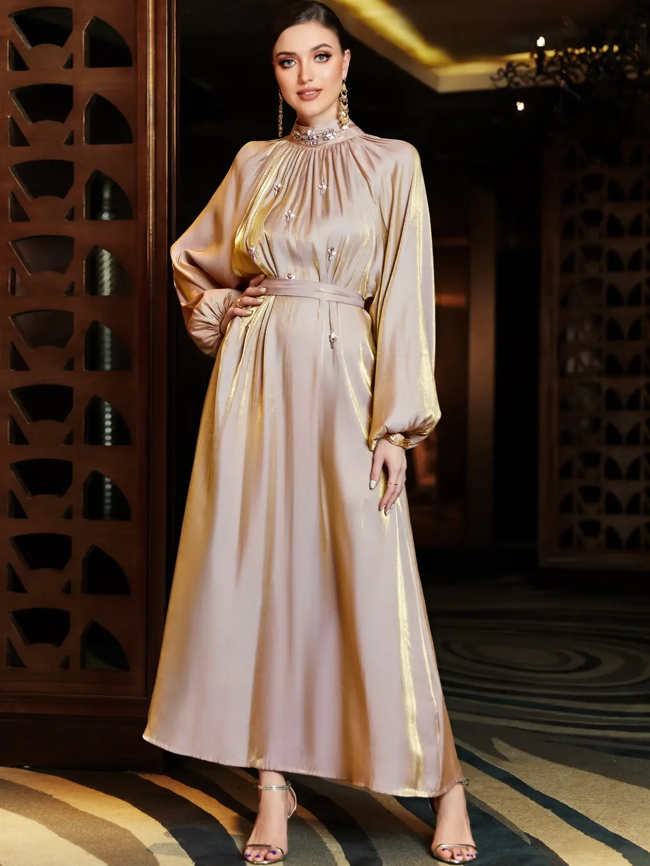 Eid Muslim Evening Dress for Women Abaya Diamond Silky Jalabiya Morocco Party Dresses Half High Neck Abayas Kaftan Vestidos Robe