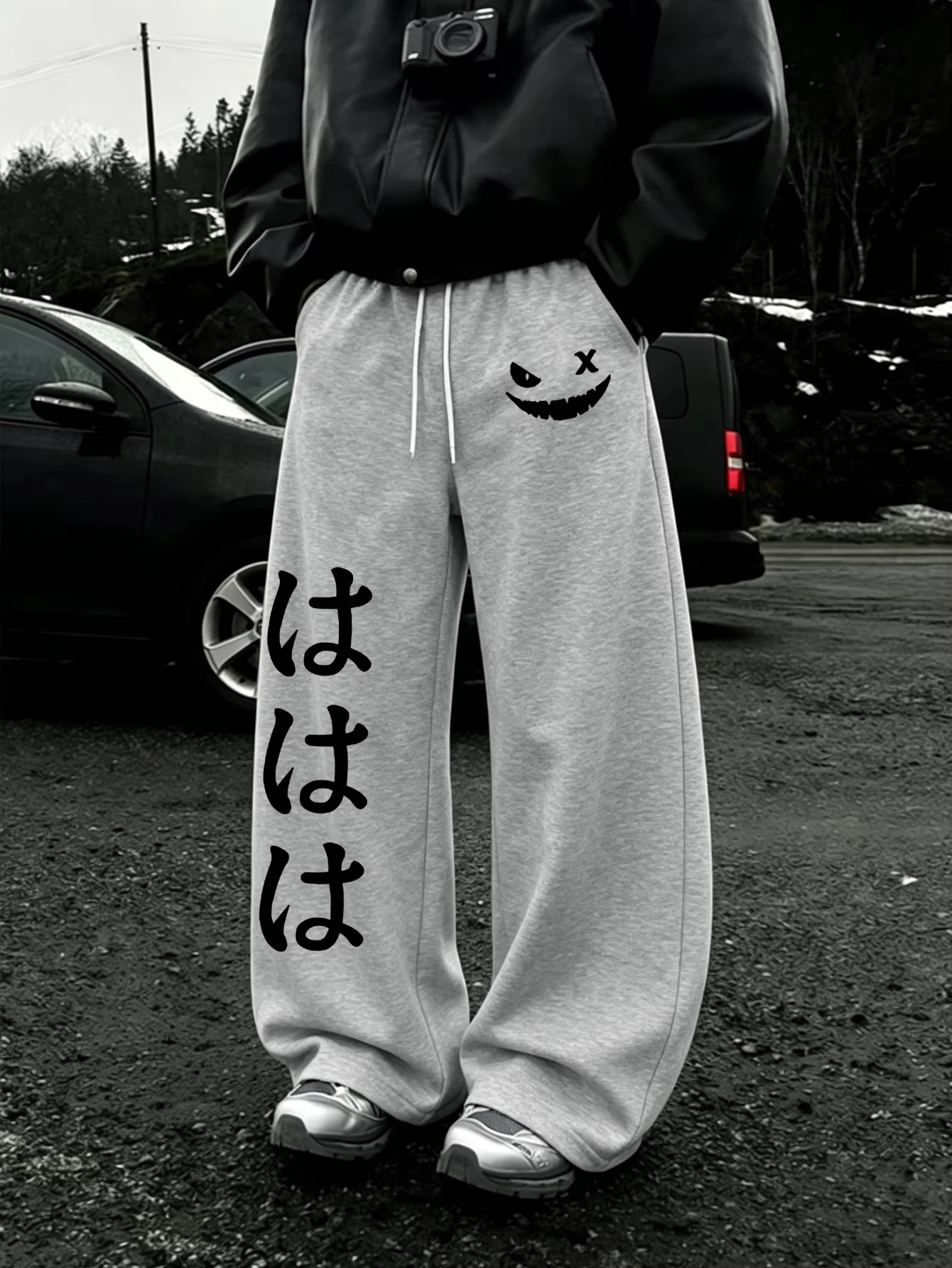 Men Baggy Sweatpants, Vintage Dark Grin Face Japanese Text Asymmetrical Double‑Side Print Drawstring Loose Wide Leg Jogger Pants