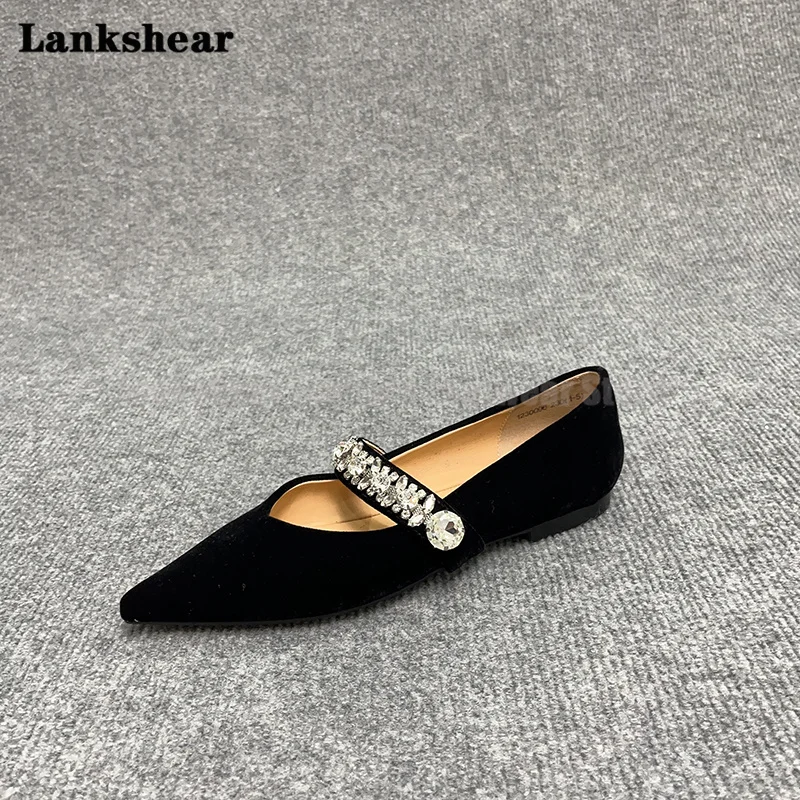 Genuine Leather Velvet Flat Shoes for Ladies Shallow Mouth Pointy Rhinestone Slip-On Mary Jane Single Shoes Women's Shoes