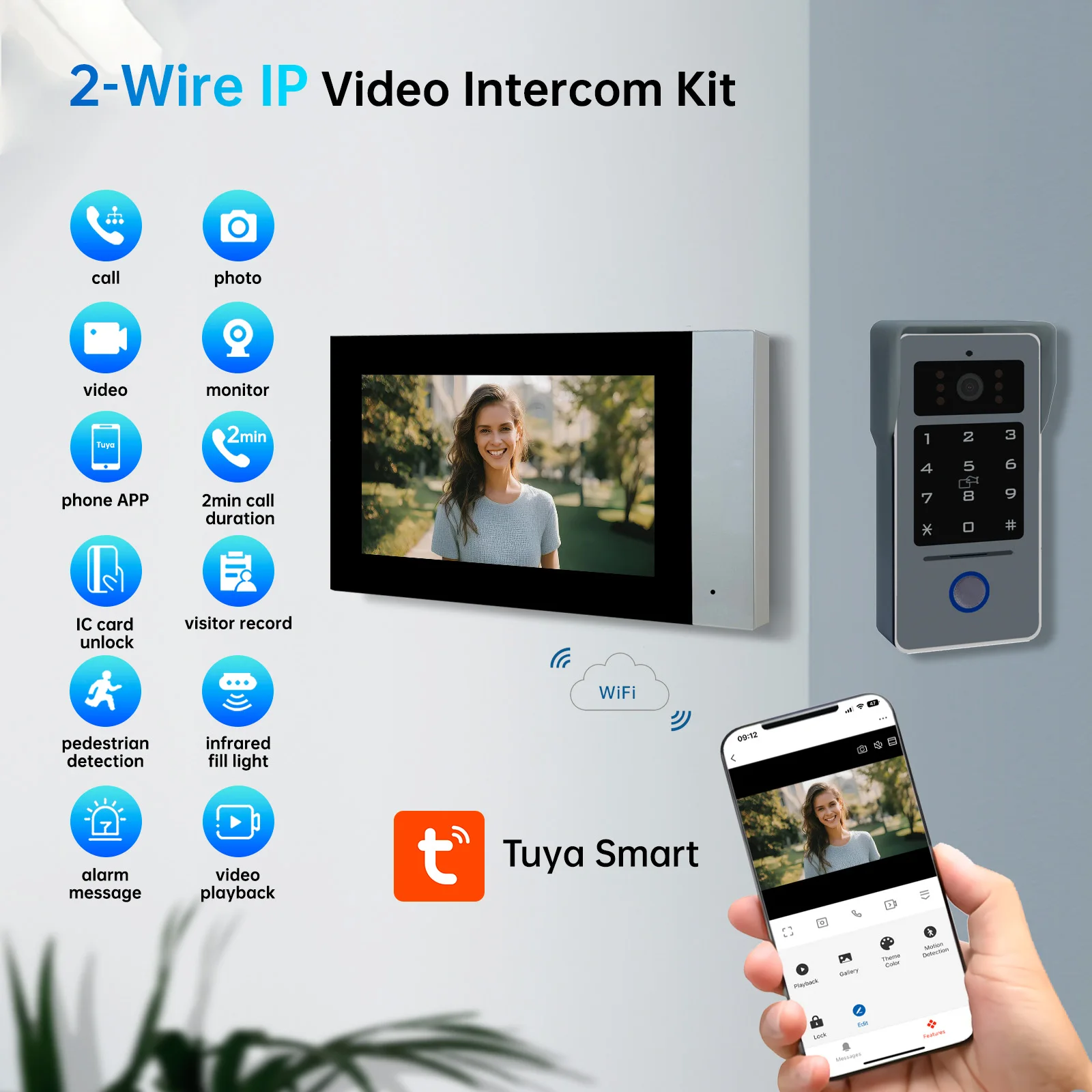 

2 Wire Smart Wifi Video Intercom System 7" IPS LCD Screen Wireless RFID Unlock Night Vision 1080P Video Door Phone Tuya Smart