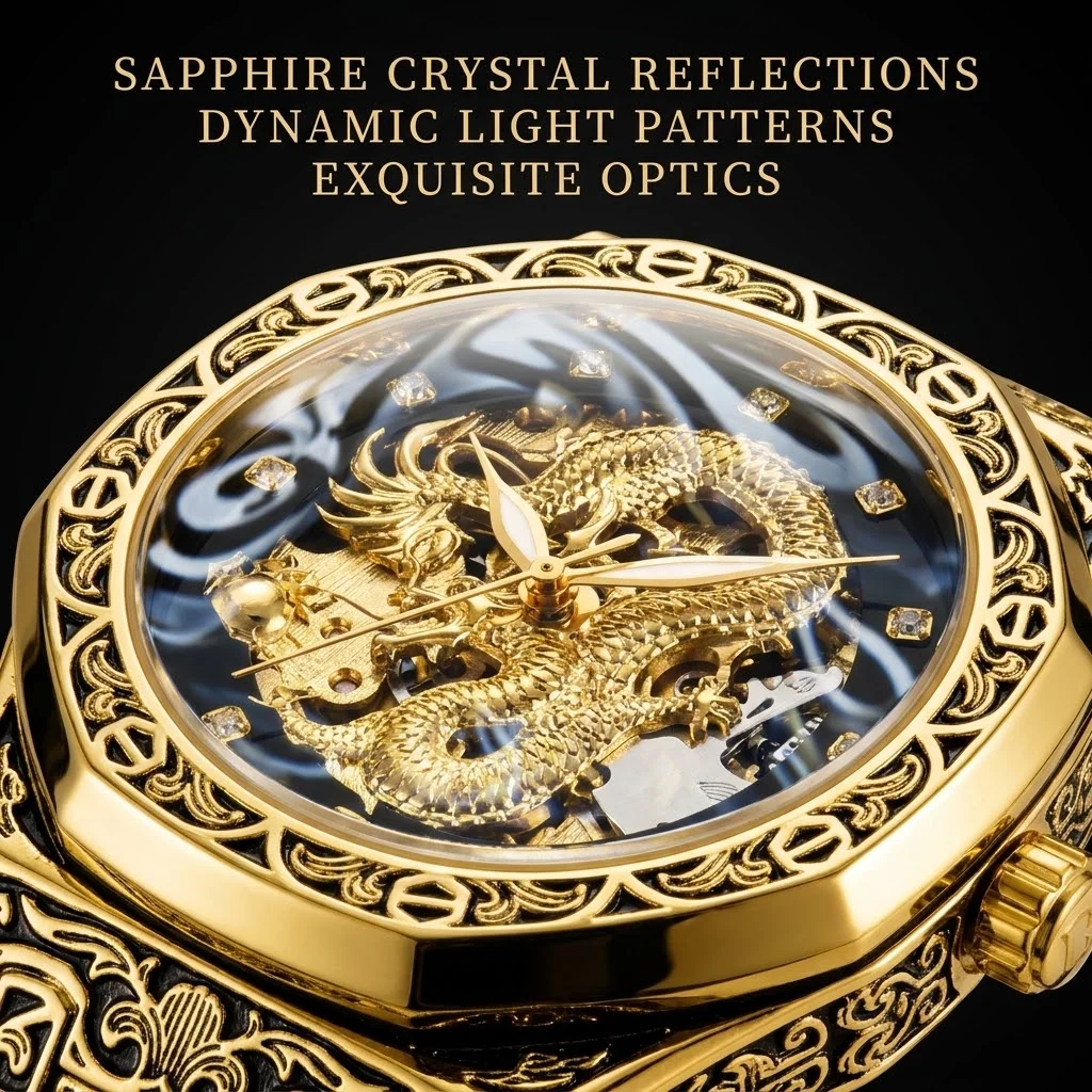 A men's black and gold steel strap stylish, elegant, vintage finely engraved gold dragon fully automatic mechanical watch