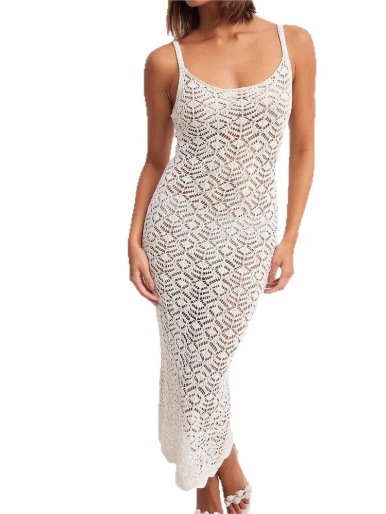 Robe de plage en tricot pour femmes, Sexy, ajourée, col en v, sans manches, Cover-Up pour Bikini, vacances, Maxi, été, maillots de bain, 2026