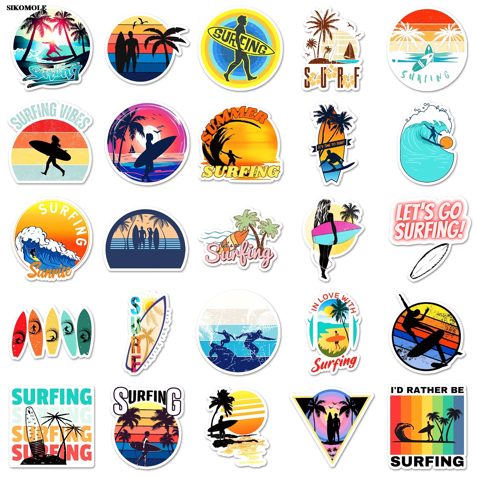 Cartoon Surf Adesivos para Crianças, Surf de Praia, Diário DIY, Laptop, Bagagem, Adesivo de Skate, Decalques Divertidos, Brinquedos Presente, 10, 30, 50Pcs