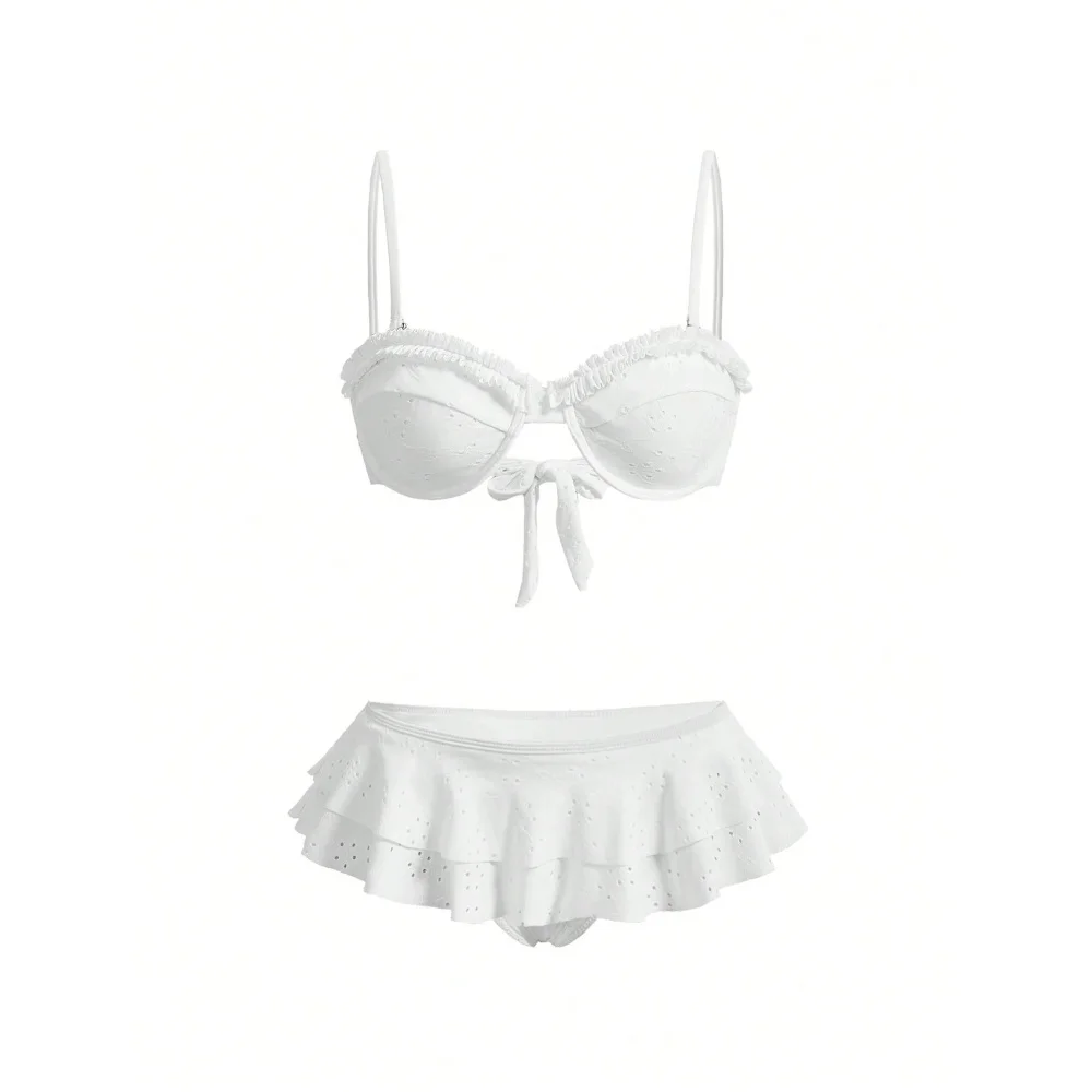 Ladies' casual white hollowed out embroidered ruffle edge bikini set with bow tie and cake skirt, versatile swimsuit
