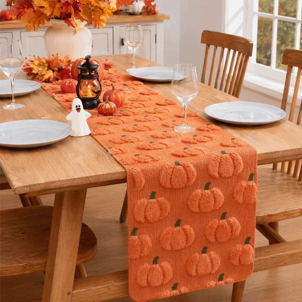 Comfortable Halloween Table Runner Soft Texture Long Pumpkin Table Cover Rectangular Creative 3D Tufting Dining Tablecloth