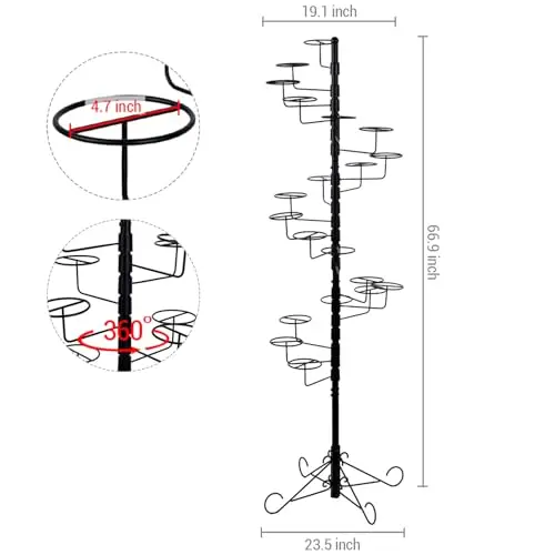 

5.5 Ft Black Metal Freestanding 360° Rotating Hat Display Stand Featuring 20 Circular Hooks For Wigs, Caps And Headwear