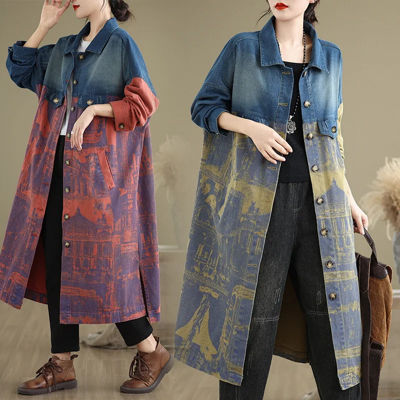 

Шикарный дизайн, винтажное джинсовое пальто для женщин, однобортный отложной воротник, длинная верхняя одежда, женские повседневные свободные универсальные куртки