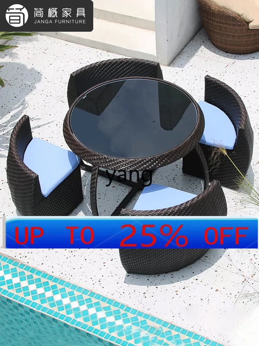 

LMM Outdoor Rattan Table and Chair Set for Courtyard Villa, Round Foldable Outdoor Garden Rattan Chair with Umbrella