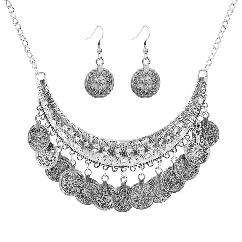 Retro Golden Silvery Coins Rhinestone Moon Pendant Necklace Earrings for Women Boho Ethnic Gypsy Collar Statement Jewelry Sets