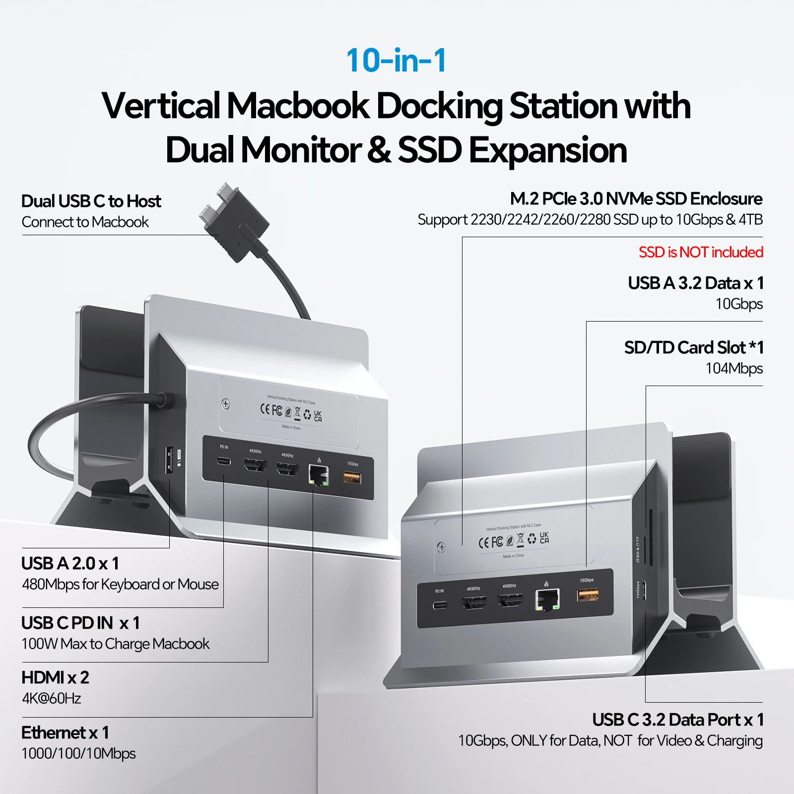 PULWTOP 맥북 도킹 스테이션 듀얼 모니터 (2개의 HDMI 4K60Hz, USB A/C 10Gbps, PD, 이더넷 지원) 맥북 프로 에어 M3 M4 M5용