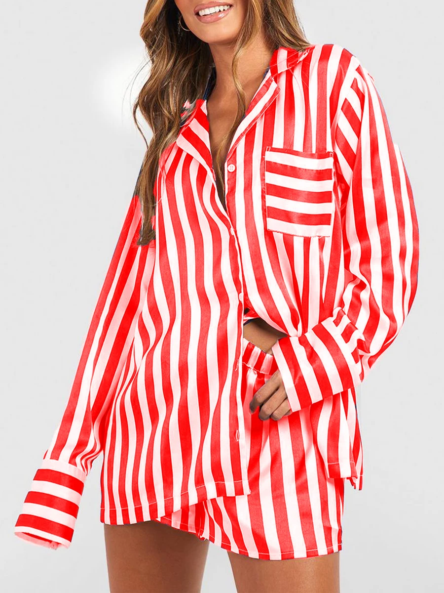 Women 2-Piece Loungewear Outfits Vintage Striped Print Long Sleeves Lapel Button Shirt and Elastic Shorts Fashion Pajama Sets