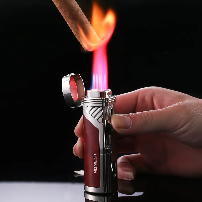 2022 HONEST Four Nozzle Jet Red Flame Flashlight Lighter Windproof Butane Gas Point Cigar Small Spray Gun Cigar Drill Gadget