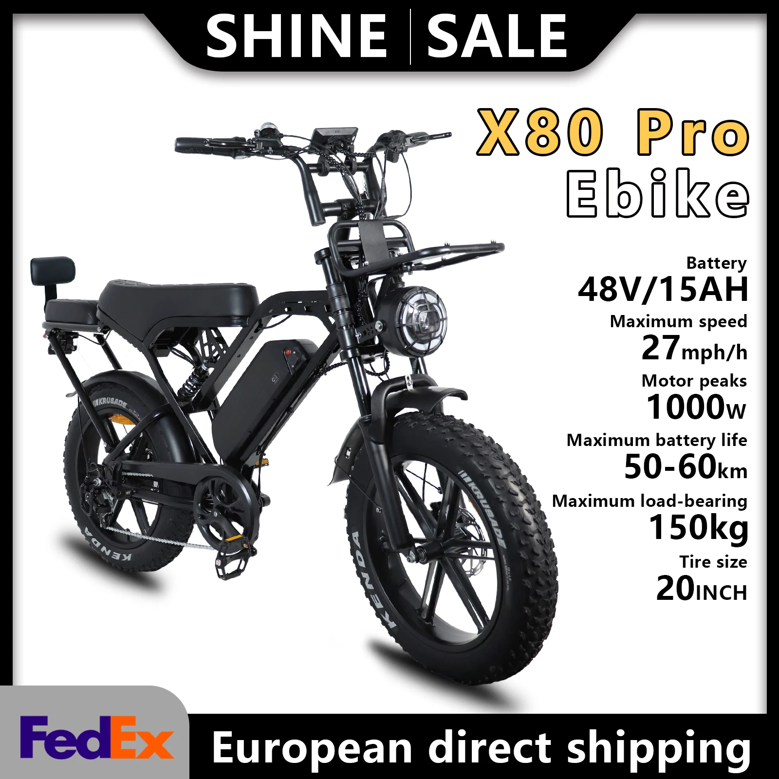 X80Pro Adult Fat Tire Electric Bike, Urban Riding Electric Bike | 48V 15Ah Battery, 1000W Motor, 50-60km Range | 20-inch Fat Tires, 7-Speed ​​Drivetrain, Front and Rear Suspension and Hydraulic Disc Brakes | Off-Road Electric Mountain Bike