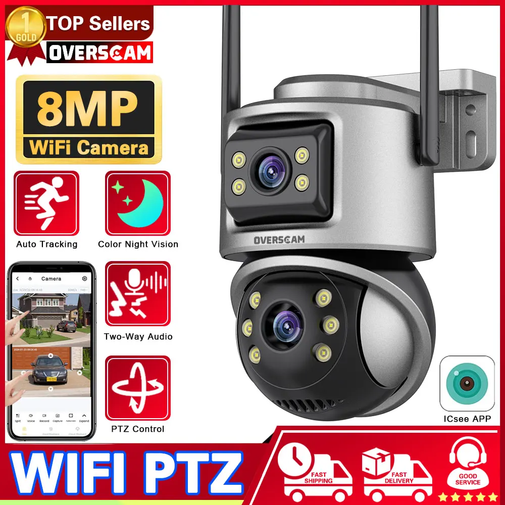 

8MP Wifi PTZ Camera Outdoor 4K Dual Lens Dual Screen Auto Tracking IP Camera CCTV Two-Way Audio Video Surveillance P2P ICsee/XM