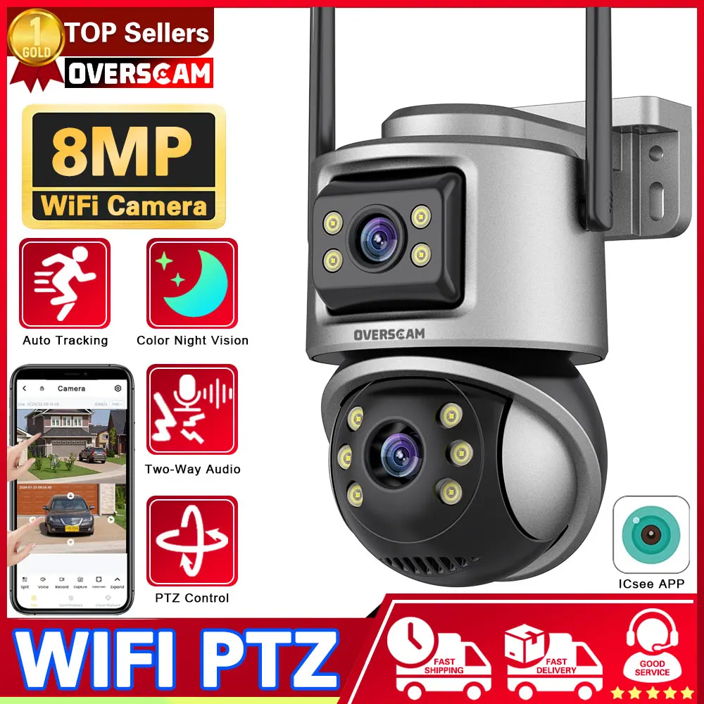 8MP Wifi PTZ Camera Outdoor 4K Dual Lens Dual Screen Auto Tracking IP Camera CCTV Two-Way Audio Video Surveillance P2P ICsee/XM