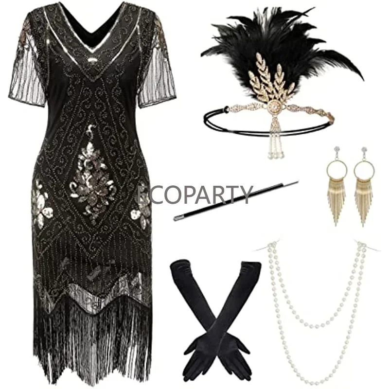 2023 New Spring 1920s Flapper Dress Great Gatsby Party Evening Sequins Fringed Dresses Gown Dress with 20s Accessories 6-PCS Set