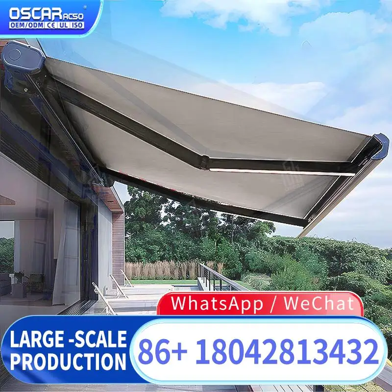 Motorized Folding Arm Retractable Sunshade Awning with Aluminum Alloy Frame 60m Projection Remote Control Acrylic PA Coated Used