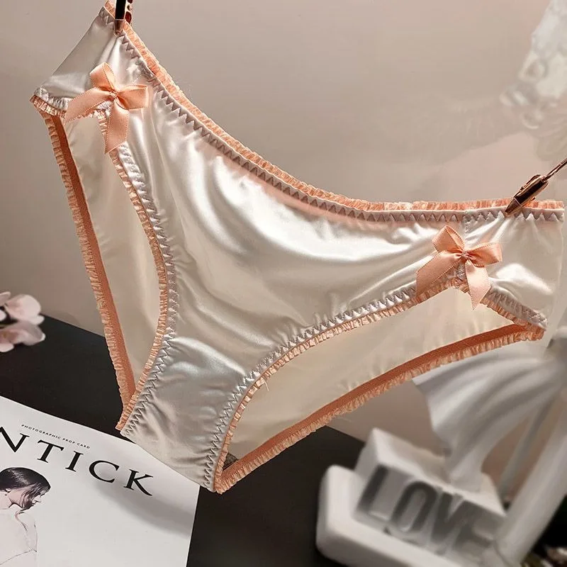 Japanese Ice Silk Bow Satin Fashion Sexy Lace Underwear Women\'s Wooden Ear Edge Briefs Low Waist Triangle Pants Sweet Panties