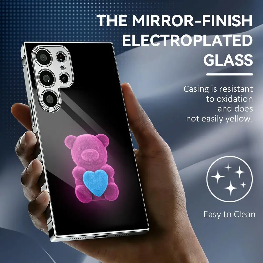 Glowing Blue Bear Phone Case For Samsung Galaxy S25 S24 S23 Ultra Electroplated Metal Frame Shockproof Cover Phone Case