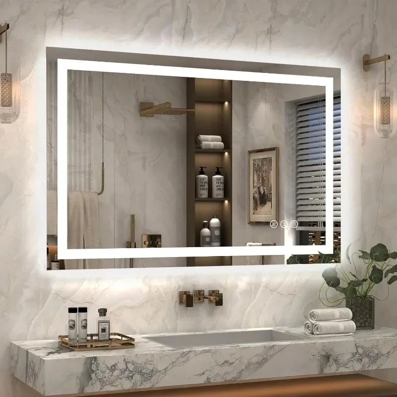 Smart Square Bathroom Mirror with LED Light Touch Screen Toilet Mirrors Wall-mounted Defogging LED Bathroom Makeup Mirror h