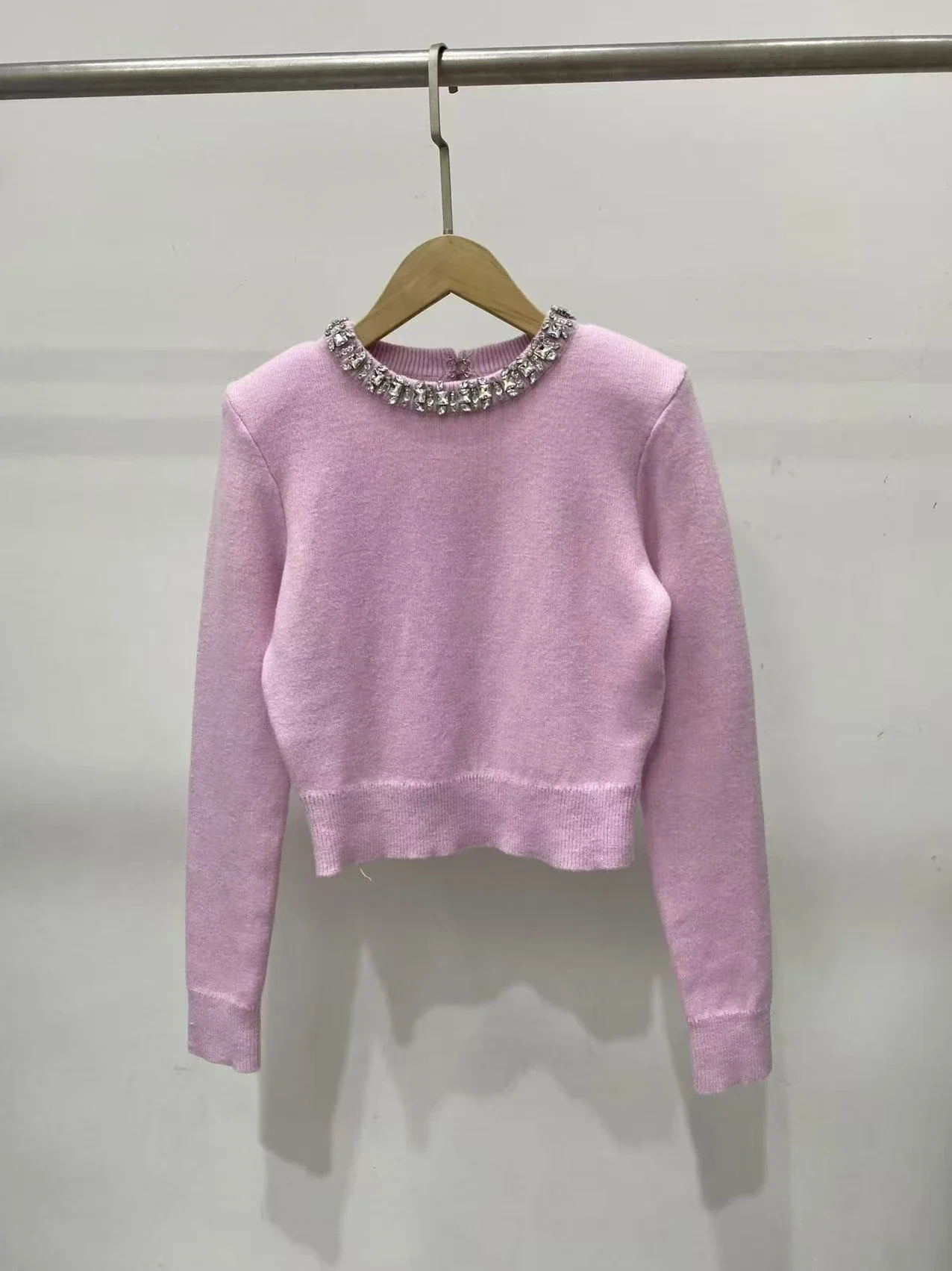 

long sleeved top Heavy industry collar inlaid with diamonds knitted sweater gray sweet and versatile SP2024 winter new fashion