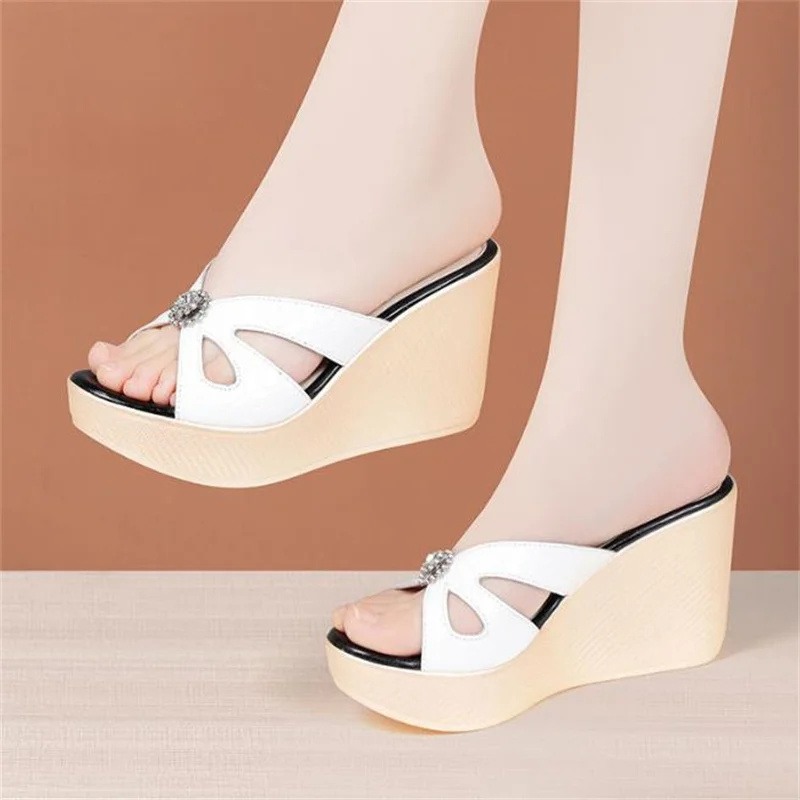 8cm 11cm Rhinestone Patent Leather Slippers Summer High Heels Platform Wedges Shoes for Office MOdel Small sandal Size 33-43