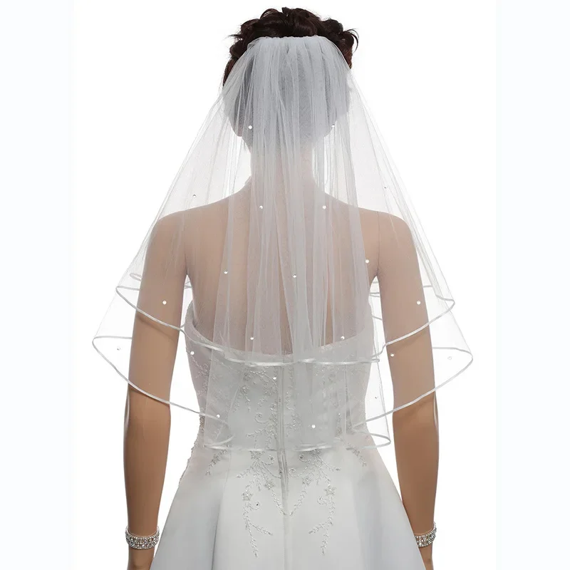 2T 2 Tier Ribbon Edge Center Gathered  Beaded Bridal Ivory Wedding with Comb Veil Fingertip Length