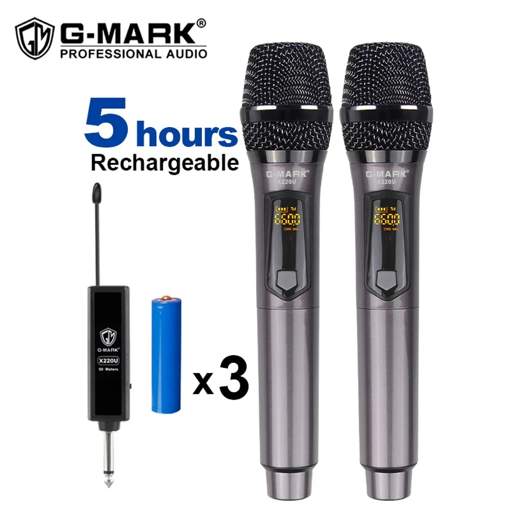 Microfono Wireless G-MARK X220U UHF registrazione microfono Karaoke con ricevitore batteria al litio ricaricabile funziona 5 ore per altoparlante