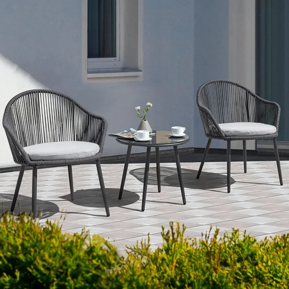 

3 Piece Outdoor Bistro Set, Woven Rope Conversation Patio Set, All Weather Patio Furniture Chairs and Table with Cushions