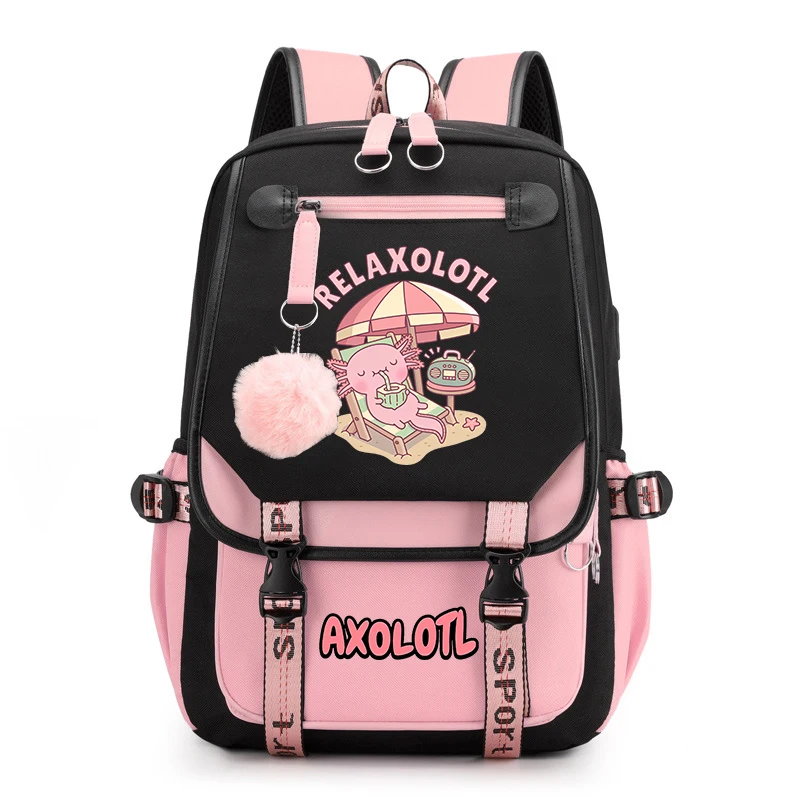 Cute Axolotl Impresso Student Schoolbag para Meninas, Mochila, Travel Bag, USB, Volta para a Escola Presente