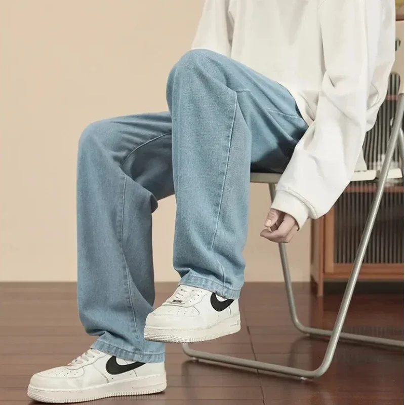 Korean Fashion Men's Baggy Jeans Classic All-match Solid Color Straight-leg Casual Denim Wide-leg Pants Male Light Blue Black