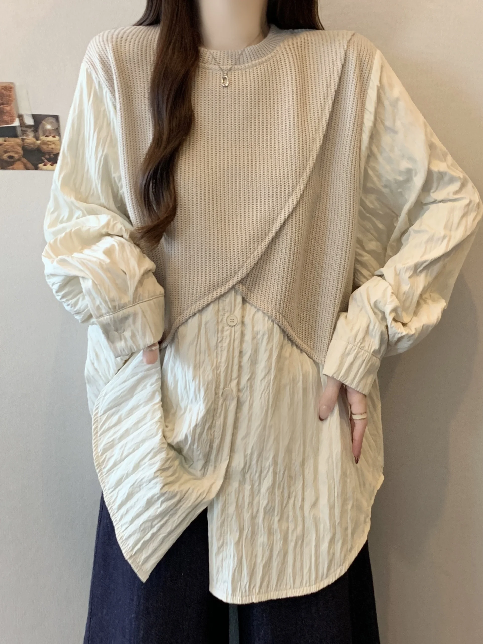 

Ele Mid-Length Knitted irt Women's Long Sve Patchwork oulder Casual Faion plus Size Spring Autumn Cotton Top