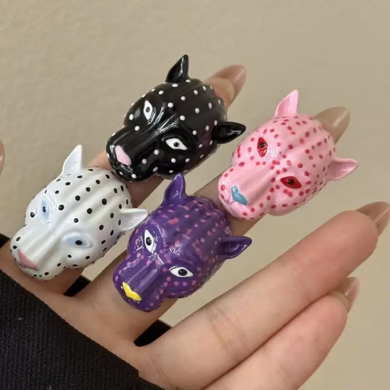 

Large Size European And American Leopard Head Metal Ring for Women Suitable Enamel Drop Oil Animal Ring Party Commute Accessory