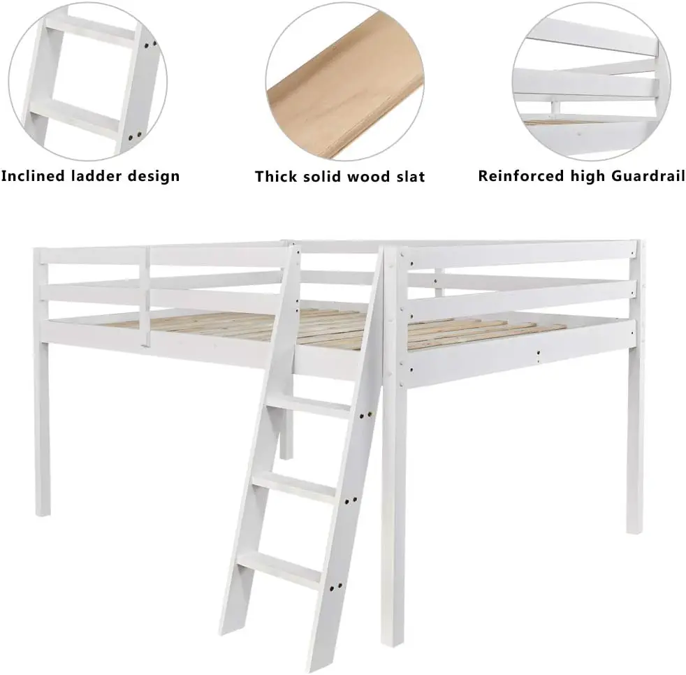 Bed with Stairs, White Wood Loft Bed Full Size for Adults, Kids and Young Teens, No Box Spring Required,W