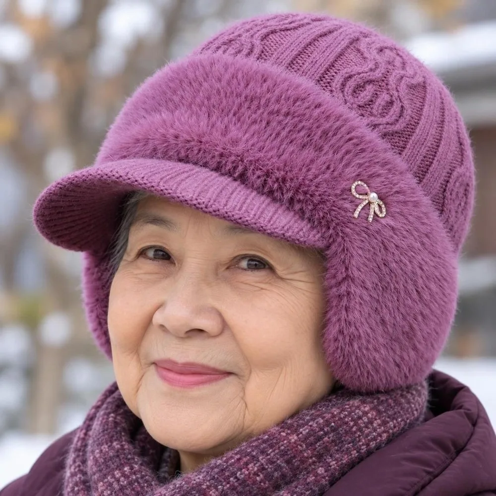 Thickened Winter Knit Hat Elastic Soft Yarn Fleece Lined Beanie Windproof Solid Color Elderly Mother Bonnet Morning Exercise