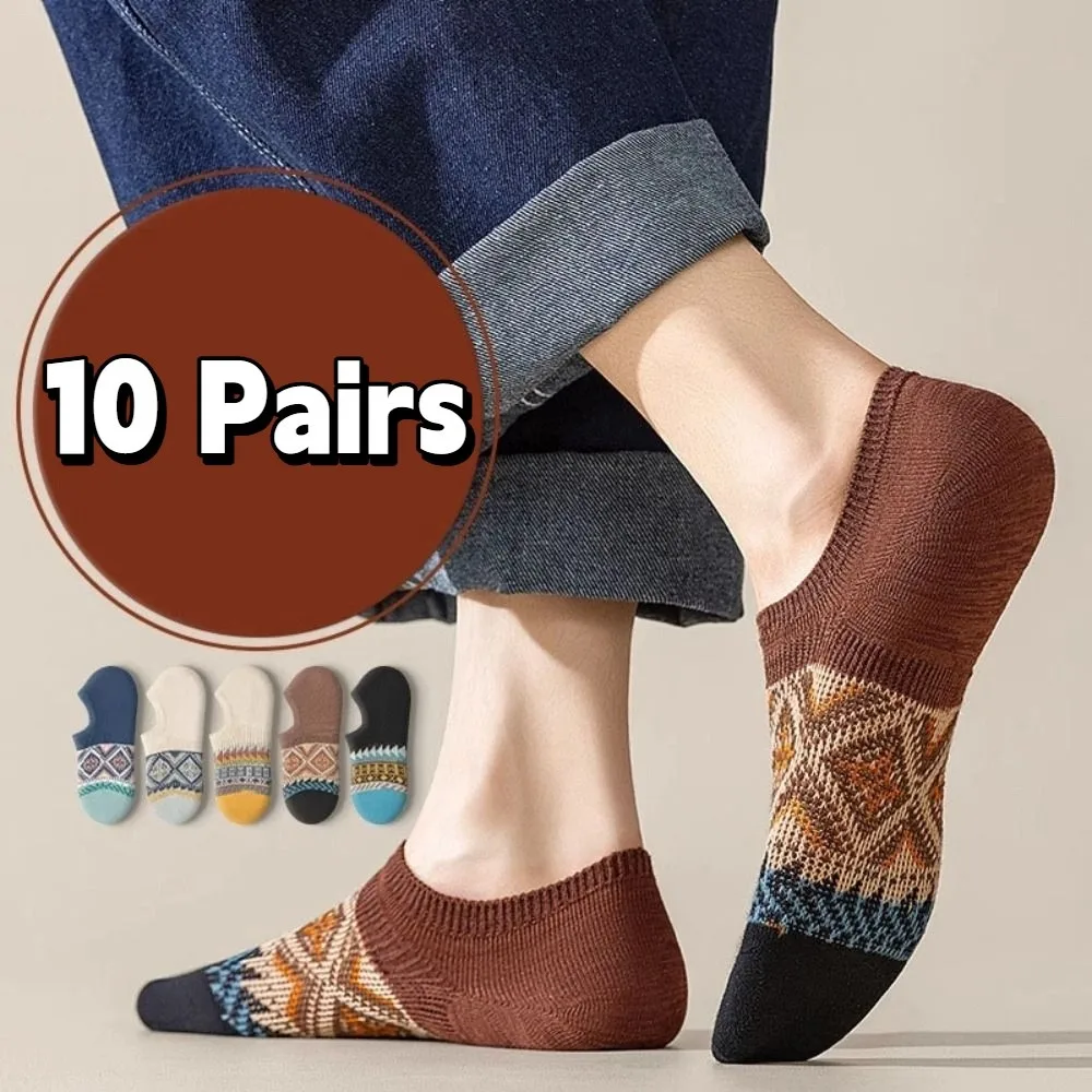 

10Pairs Soft Grid Retro Boat Socks Short Tube Breathable Patchwork Low-calf Socks Ethnic Style Hosiery Invisible Socks Autumn