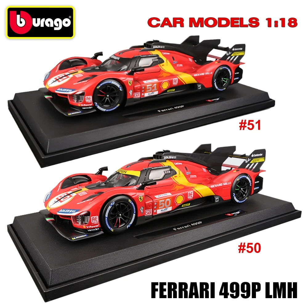 

Bburago 1:18 Diecast Model Car Ferrari 499P LMH #50 #51 Racing Car Le Mans Champion Model