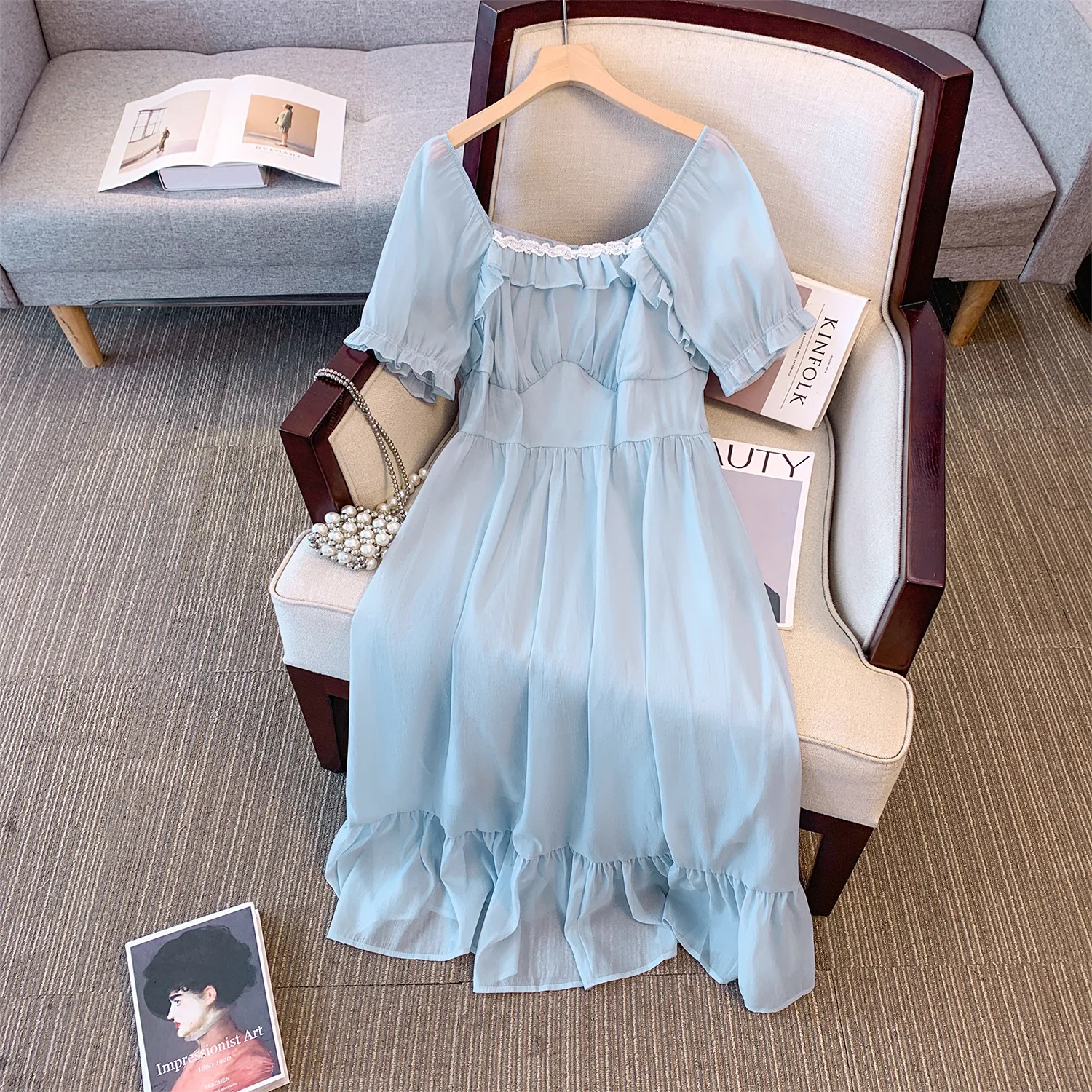 Plus Size Onepiece Vintage Bubble-Sleeve Chiffon Dress with Ruffles for Women