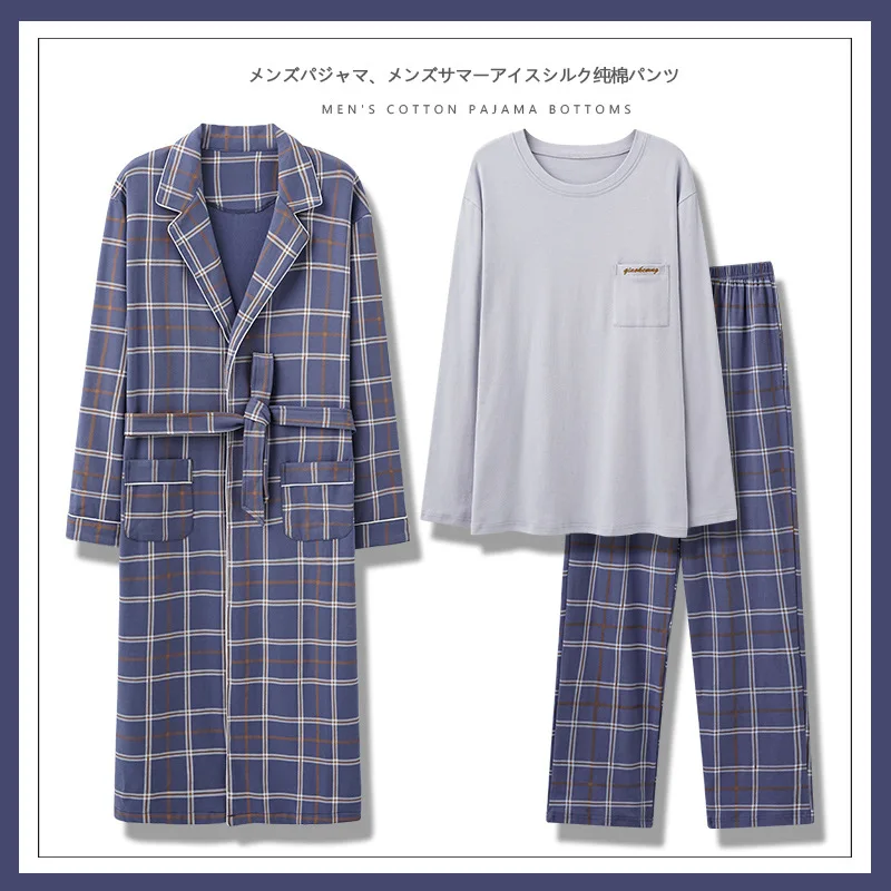 Cotton Pajama Set for Men with Long Sleeve Nightgown and Bathrobe for Home and Outdoor Wear